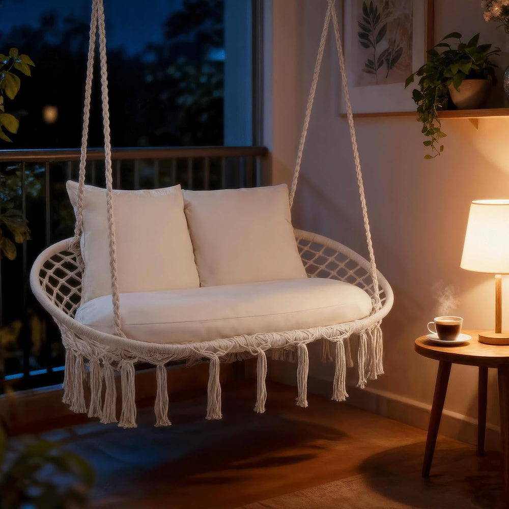 Magshion 2-Person Macrame Hanging Hammock Swing Chair, Beige