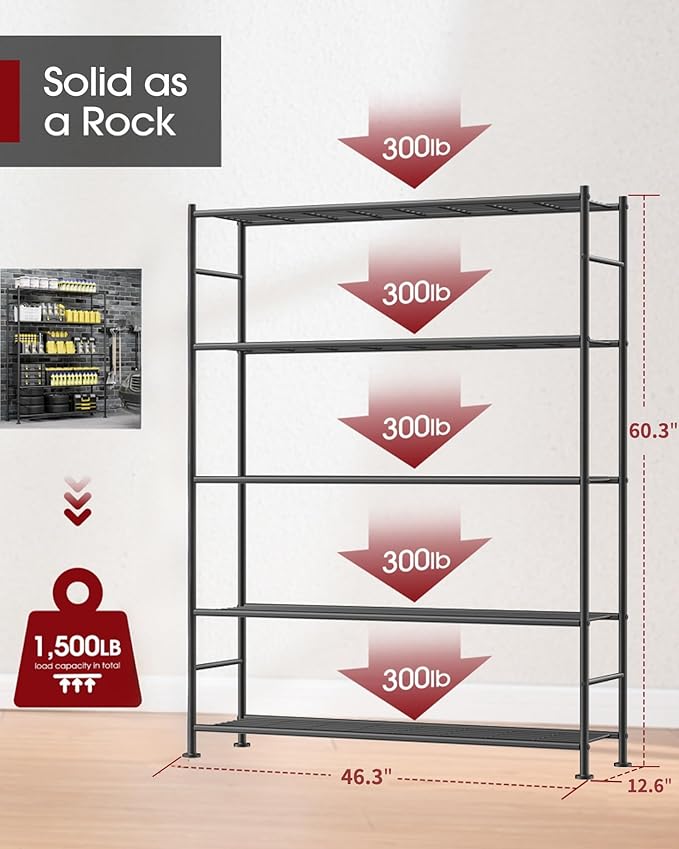 Storage Shelves - 5 Tier Shelf Organizer, Heavy Duty Garage Shelving Unit wit...