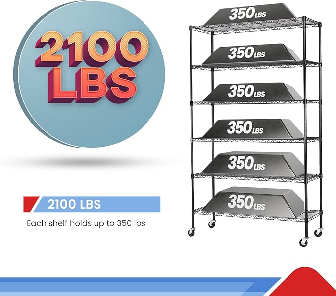 BestOffice | 6-Tier Wire Storage Shelves with Wheels | 18x48x82 | Black | Adj...