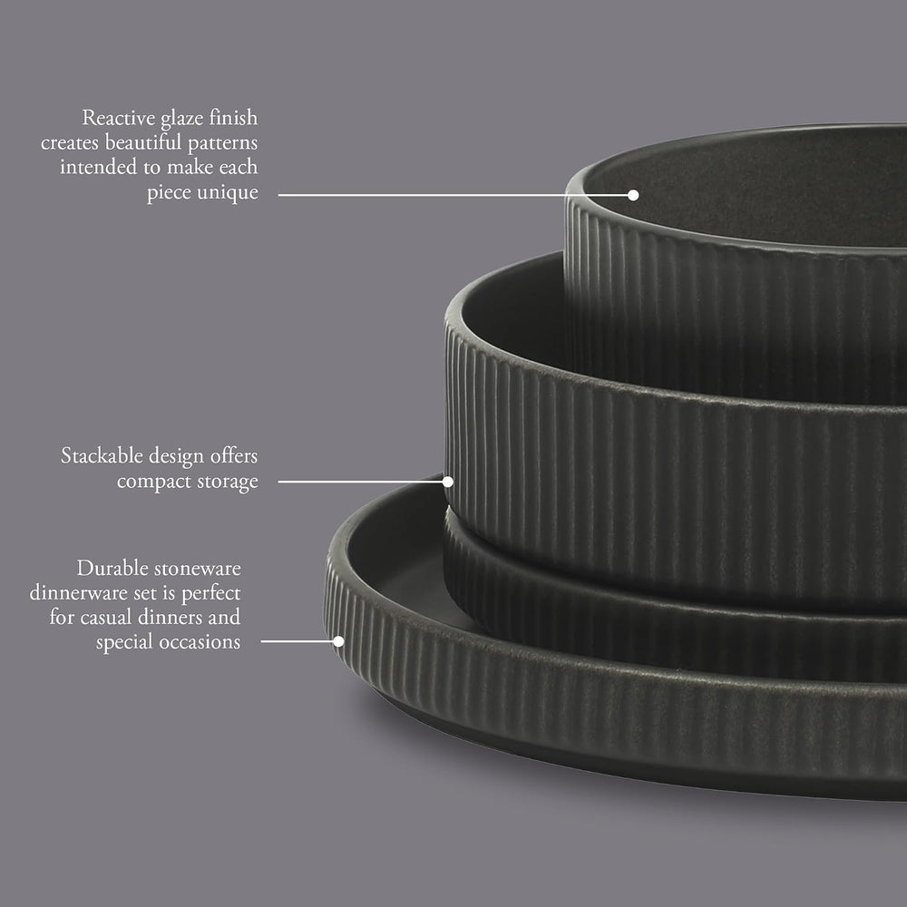 Gibson Elite Deerfield 16-Piece Stoneware Dinnerware Set – Matte Black Reacti...
