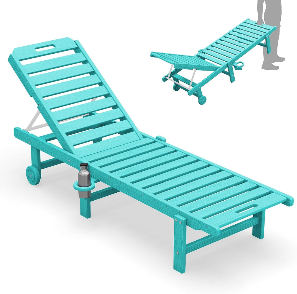 SERWALL HDPE Outdoor Chaise Lounge with Cup Holder & Wheels, Aruba