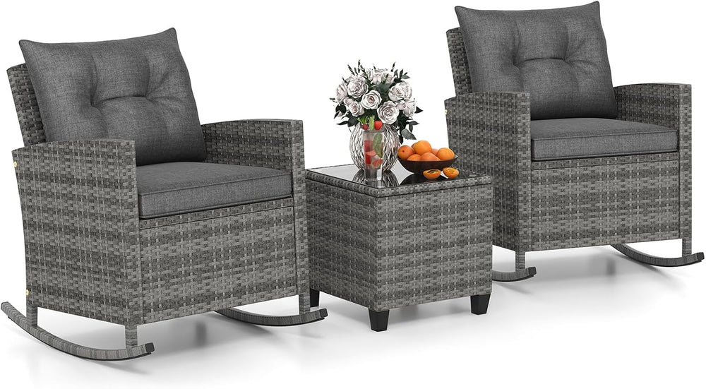 Tangkula 3 Piece Wicker Outdoor Rocking Chairs Set (Grey)