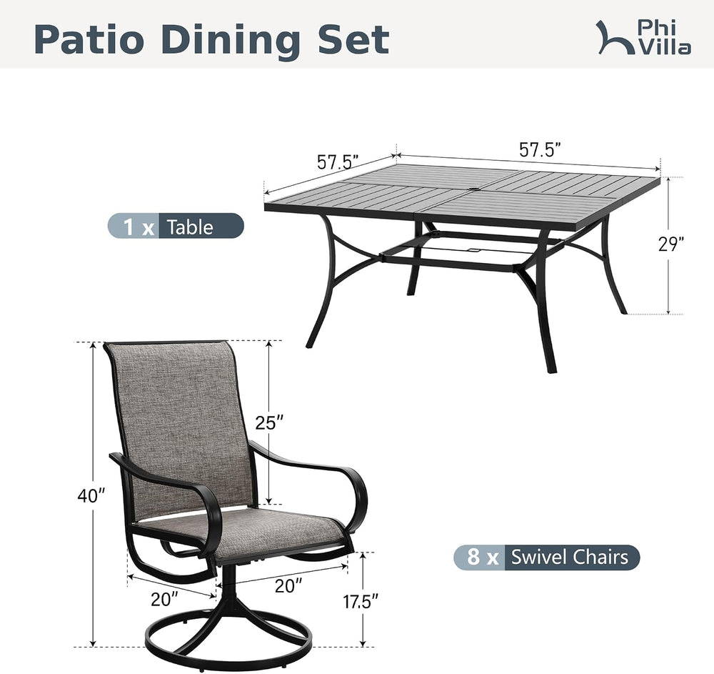 PHI VILLA Outdoor Dining Set for 8, Swivel Mesh Chairs & Square Table,Brown