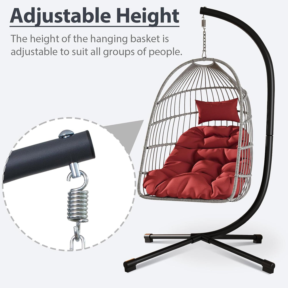 Foldable Hanging Egg Chair with Stand, HDPE Rattan and Heavy Duty Aluminum-St...