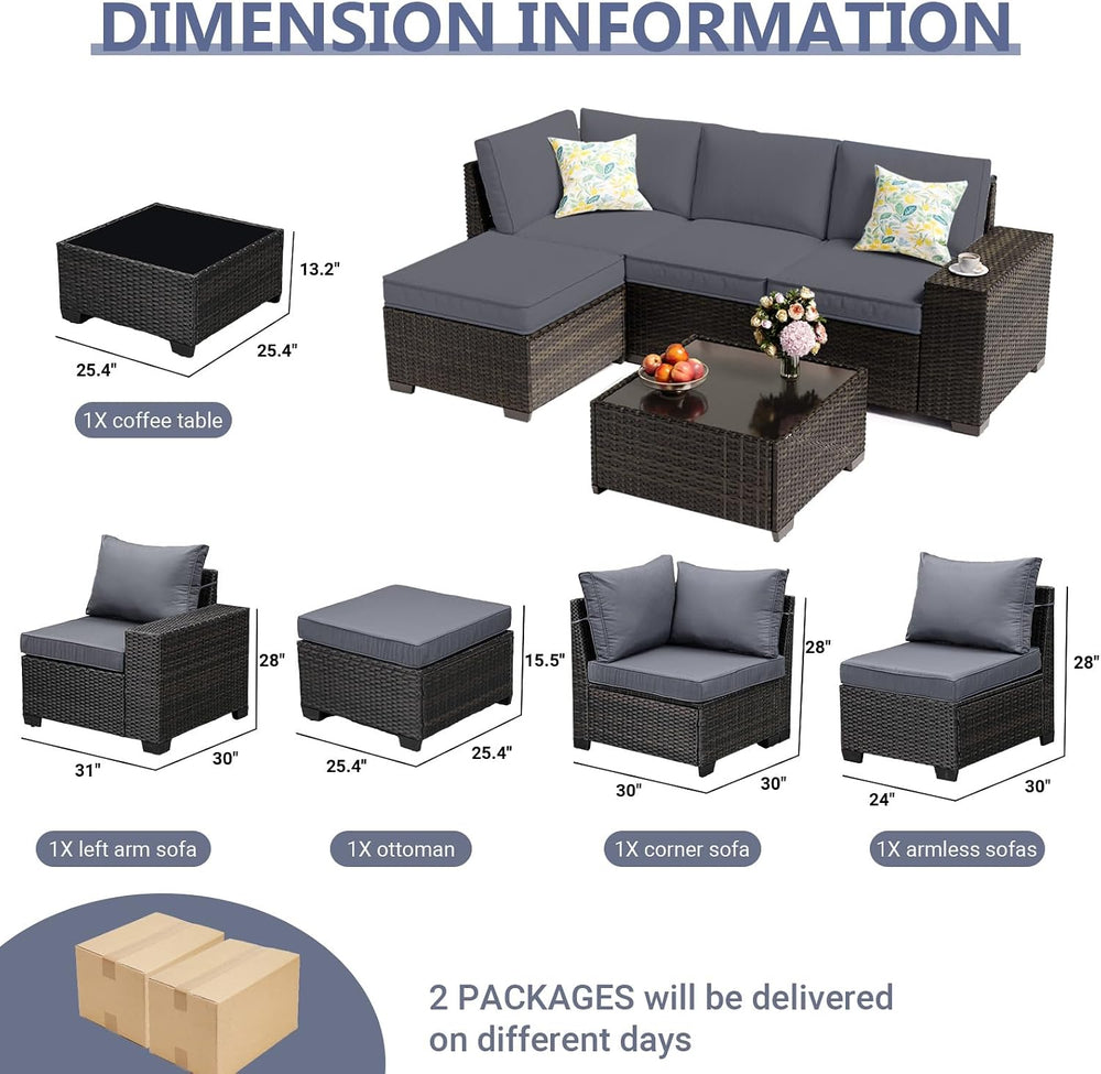 5 Pieces Patio Furniture Set, Outdoor Sofa with Waterproof Cushions, Rattan L...