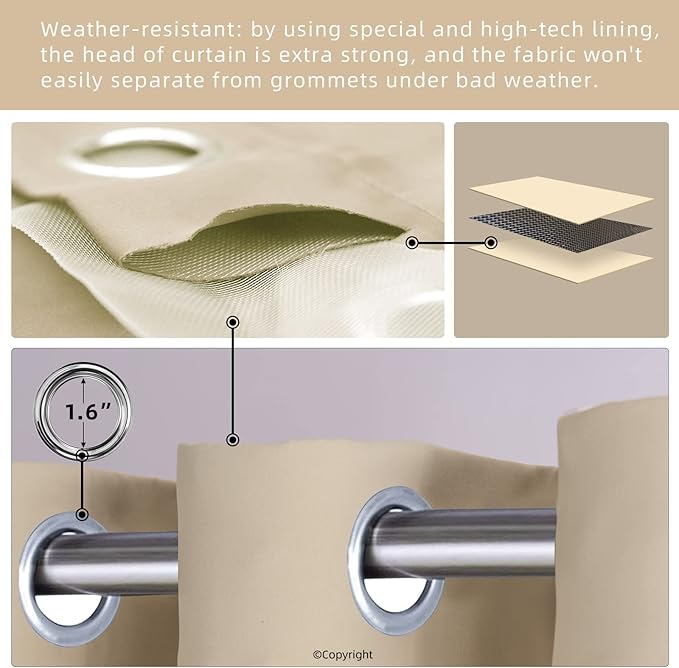 Waterproof Outdoor Curtain W84 x L84 - Grommet Top Sunlight Blocking Window T...