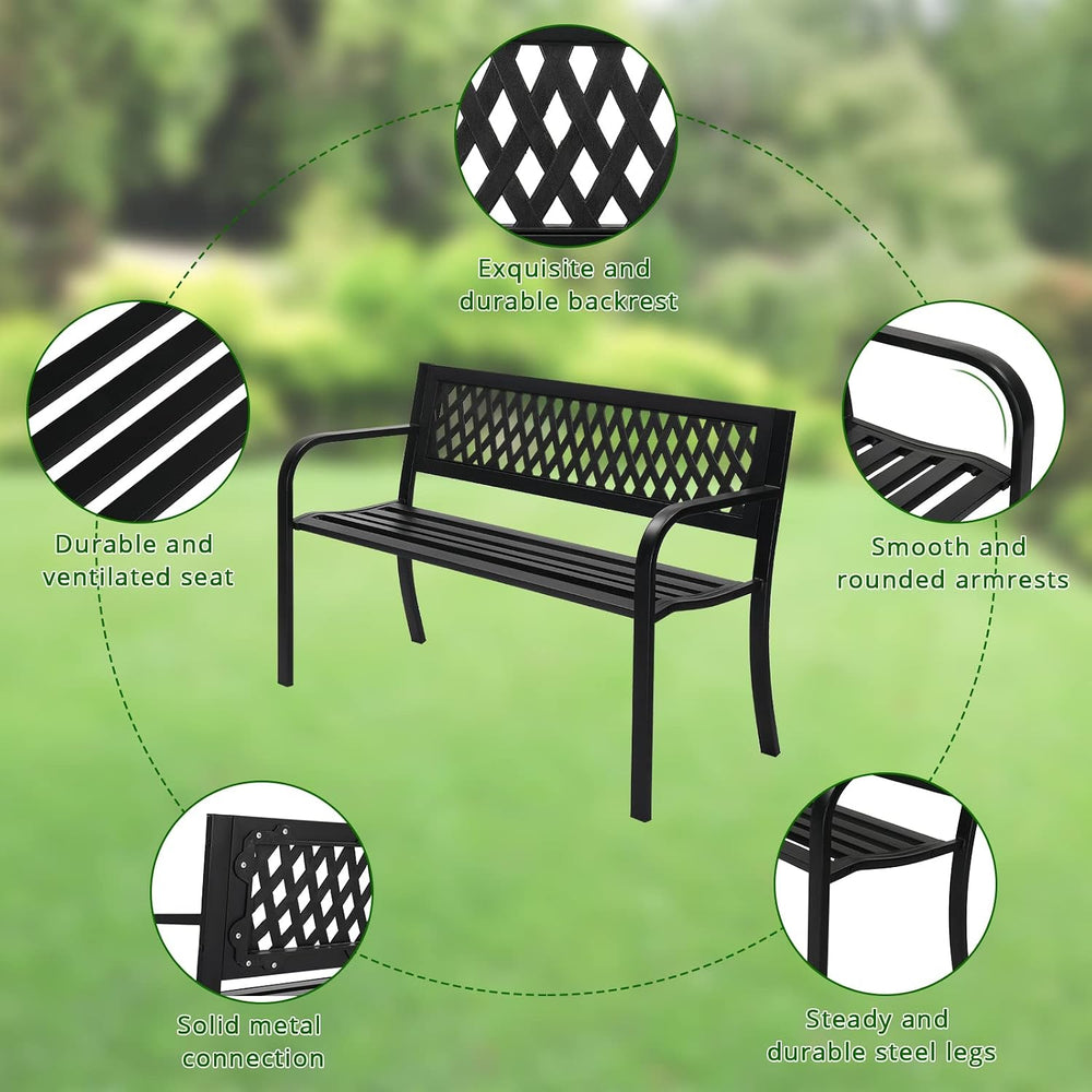VINGLI Outdoor Metal Bench w/PVC Back - All Weather Resistant Black Garden Pa...
