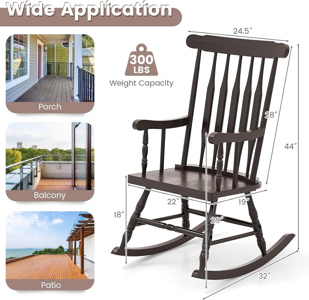 GIANTEX Indoor & Outdoor Wood Rocking Chair, Patio Rocking Chair, Dark Co...