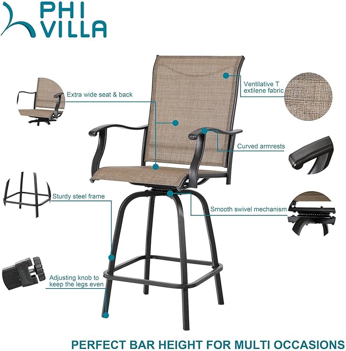 PHI VILLA 3 PCS Patio Swivel Bar Set Outdoor Furniture Bar Height Bistro Set,...