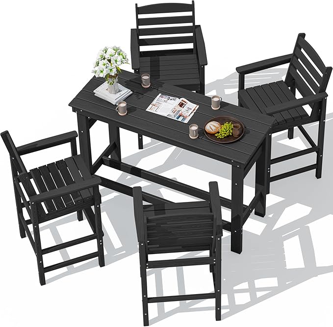 SERWALL Outdoor Bar Set - 4 Adirondack Bar Chairs & Bar Height Table with...