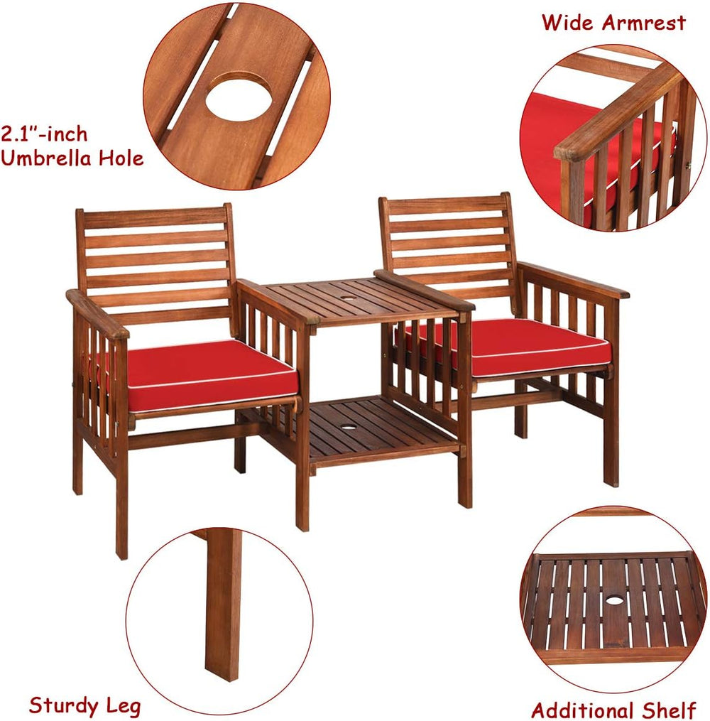 Tangkula Acacia Wood Loveseat, 3pcs Outdoor Table Chairs Set, Patio Conversat...