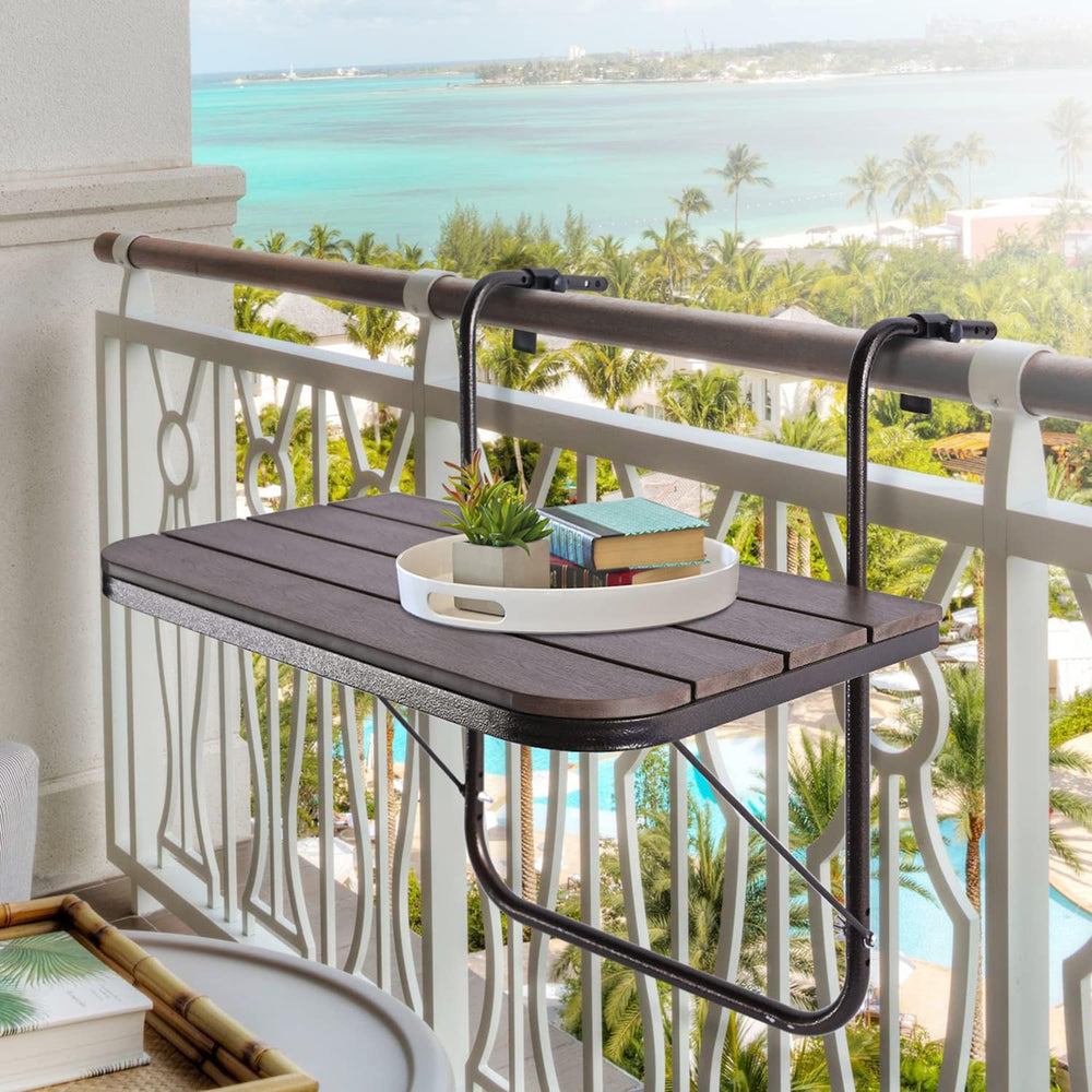 Balcony Railing Table Outdoor Hanging Folding Brown Aluminium Metal Side Tabl...