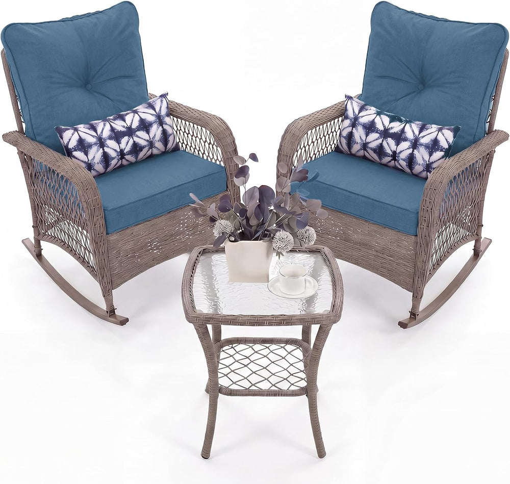 UDPATIO Rocking Chair Outdoor Set 2 w/Coffee Table, 3 Pc Wicker Bistro Set