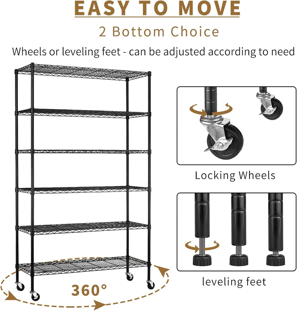 Wire Shelving Unit with Wheels, 6 Tier Adjustable Storage Shelves