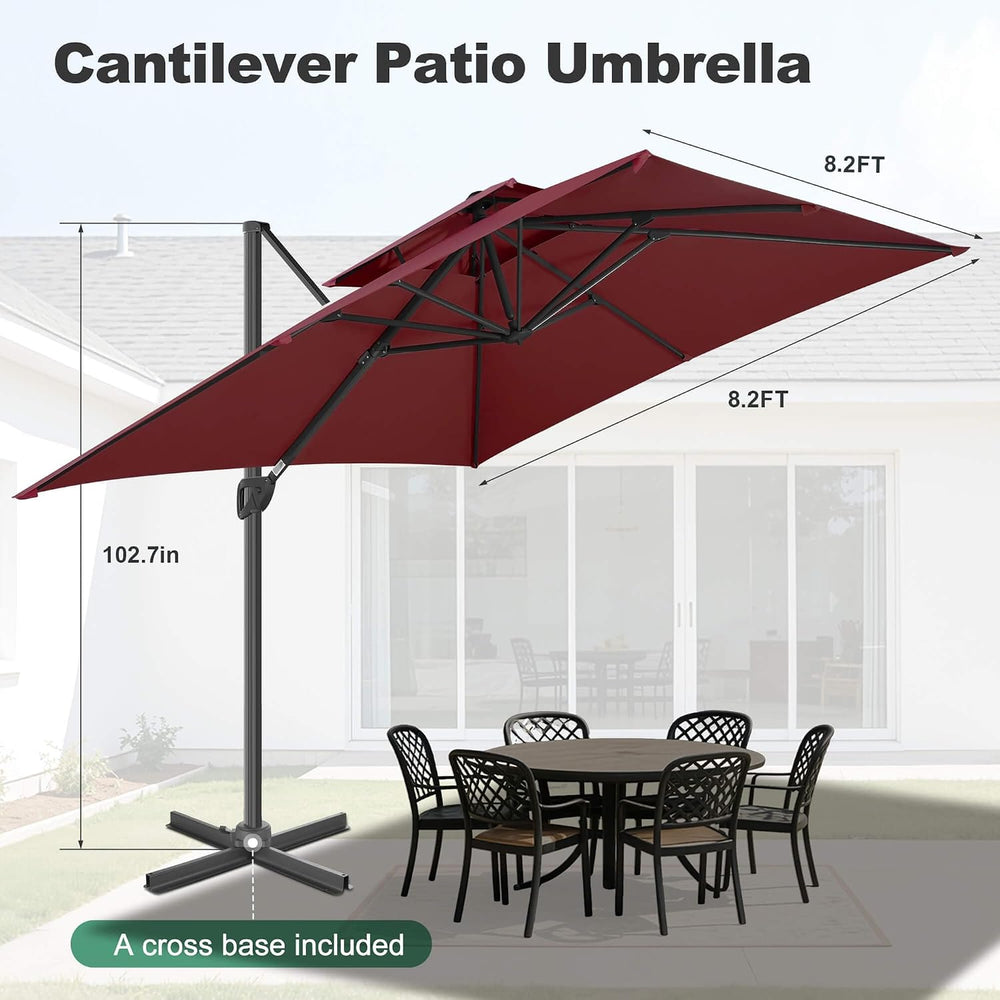 FLAME&SHADE Cantilever Patio Umbrella Outdoor, 8.2x8.2 FT Square, Burgundy