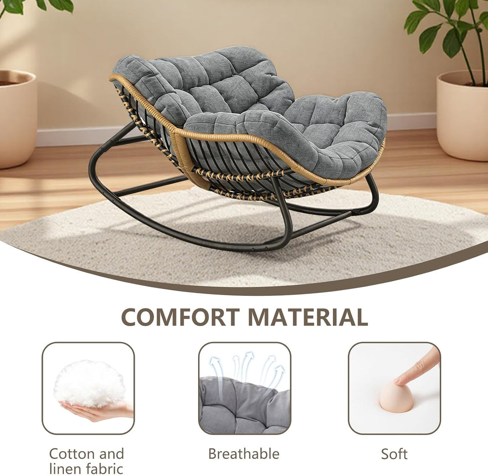 Oversized Papasan Rocking Chair with Extra Thick Cushion, Rattan Wicker Egg C...