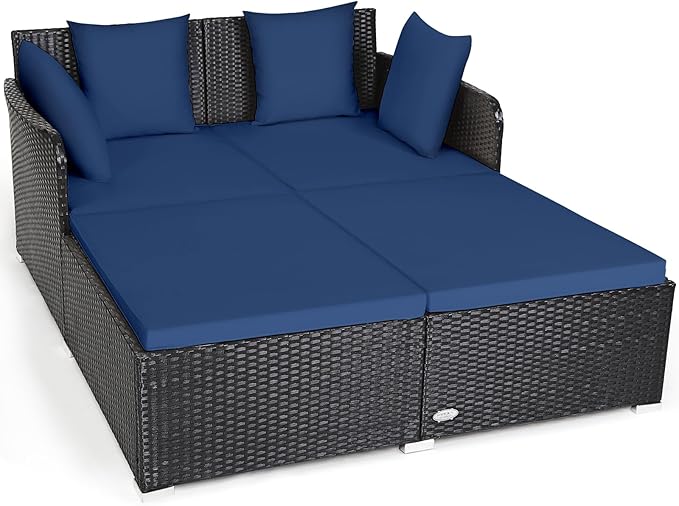 COSTWAY Outdoor Patio Rattan Daybed, Sponge Cushioned Loveseat Sofa with 4 Pi...