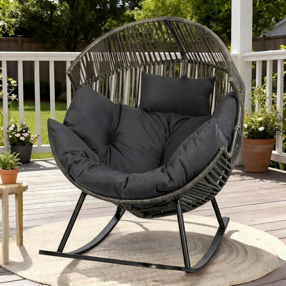 Shintenchi Oversized Outdoor Rocking Chair, Wicker Egg Patio Lounge Chair Bas...