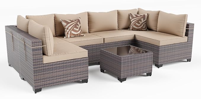Kullavik 7 Pieces Outdoor Patio Furniture Set PE Wicker Rattan Sectional Sofa...
