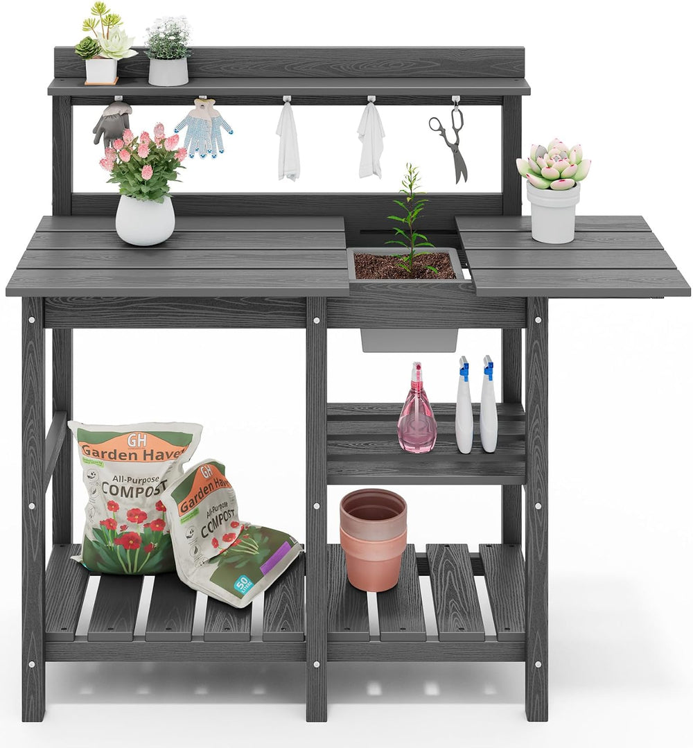 SERWALL Outdoor Potting Bench with Removable Sink,Gardening Table,Grey