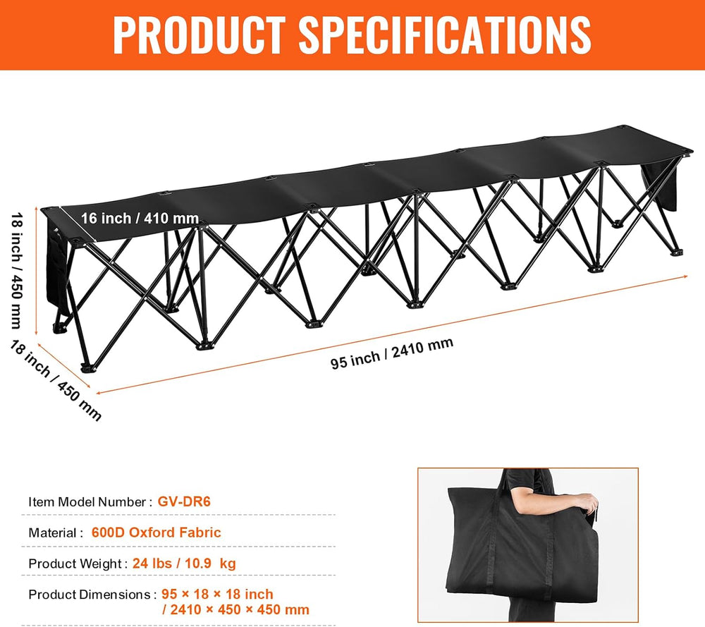 VEVOR Portable Folding Bench, 6 Seats Foldable Sideline Bench, Outdoor Campin...