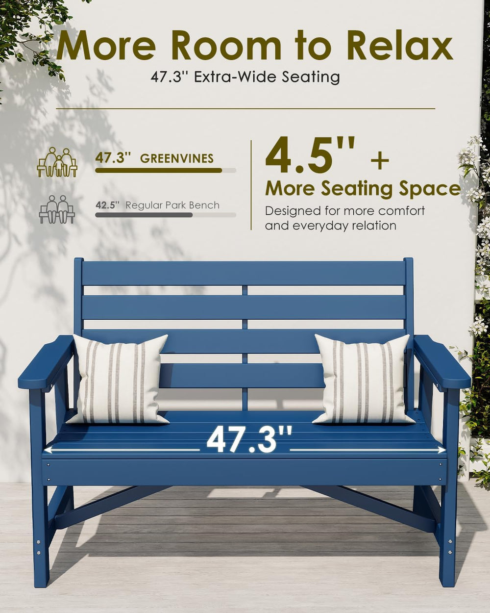 GREENVINES Outdoor Bench, 2-Person HDPE Garden Benches, Blue