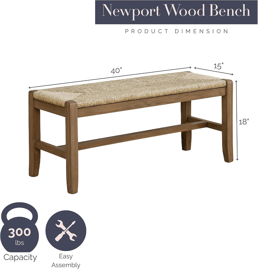 Alaterre Newport Solid Wood Entryway Bench with Rush Seat, Natural