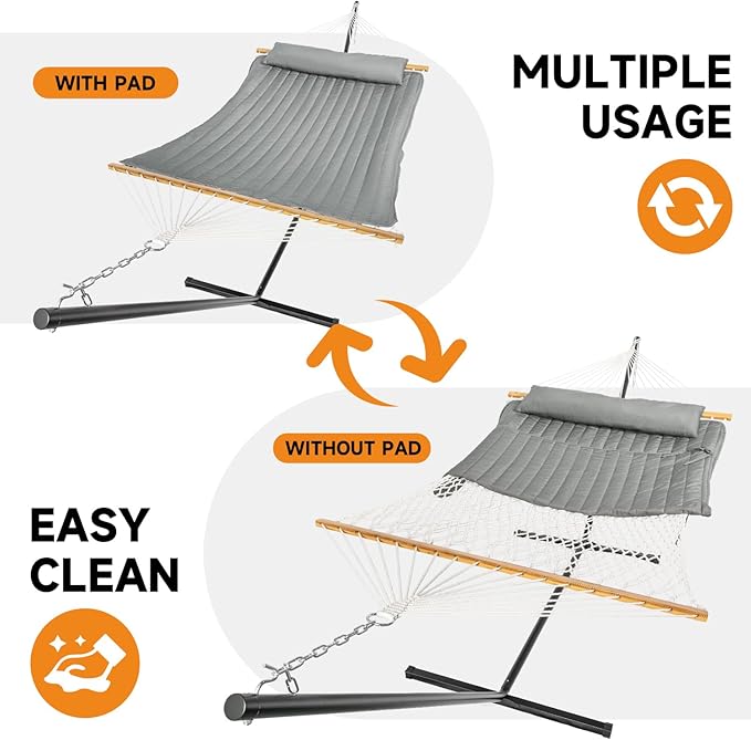 2 Person Outdoor Hammock with Stand, Cotton Rope Hammock with Polyester Pad, ...