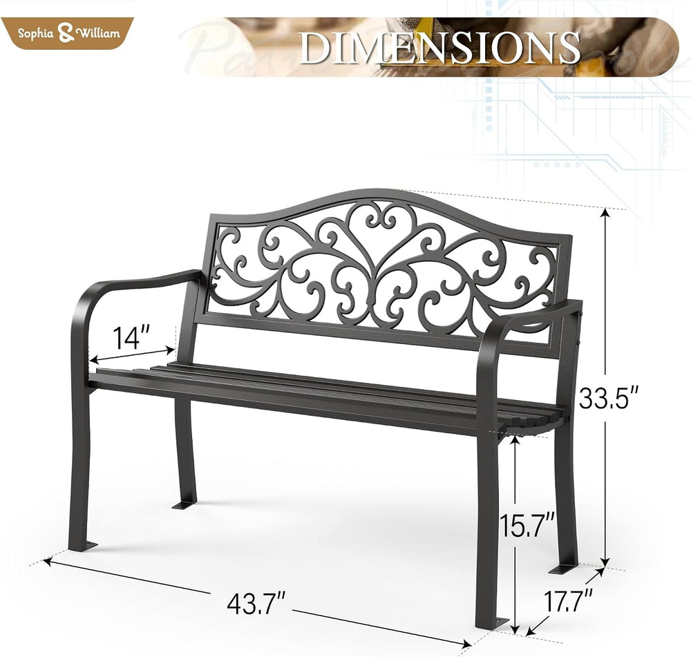 Sophia & William 43 Inches Outdoor Bench, Metal Garden Bench, Floral Black