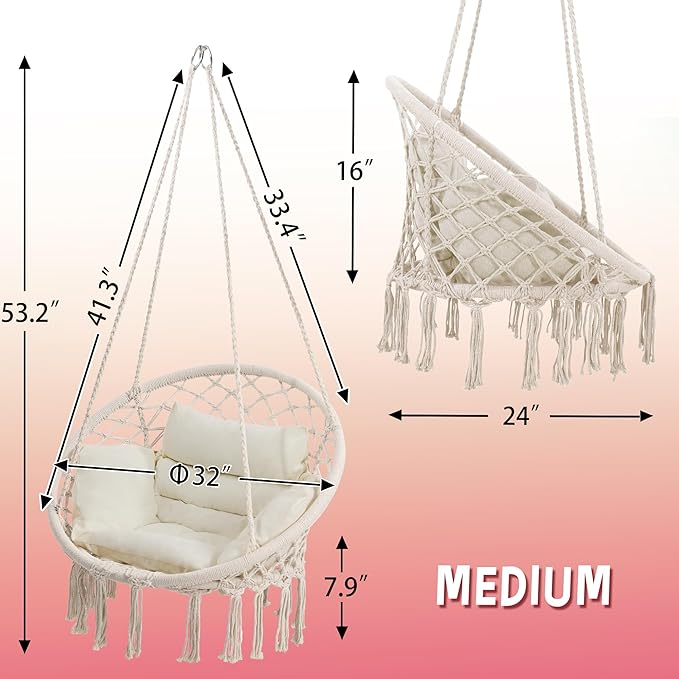 Macrame Hammock Hanging Swinging Chair with Medium Cushion, Perfect for Bedro...