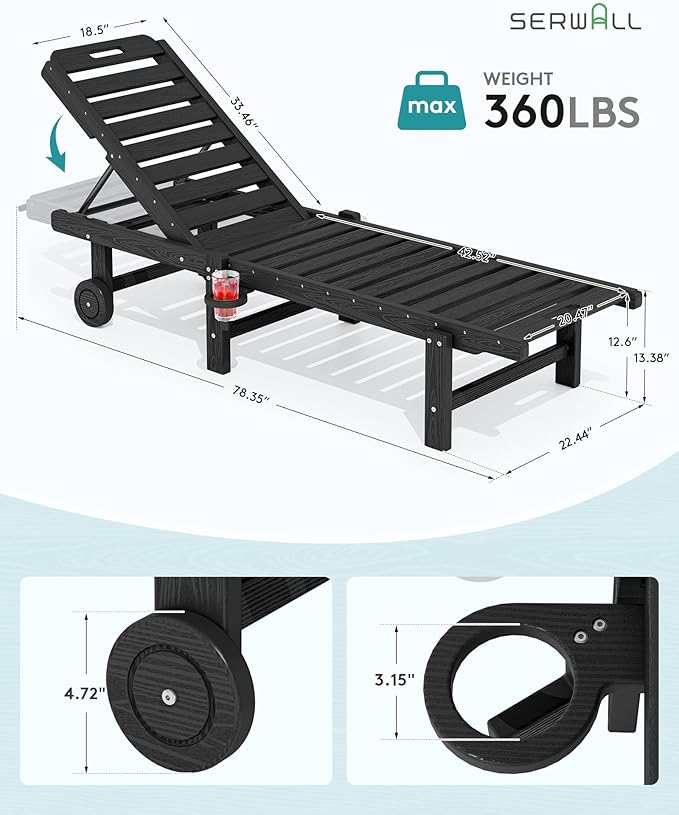 SERWALL Outdoor Chaise Lounge Set of 6, HDPE Pool Lounge Chair with 5-Positio...