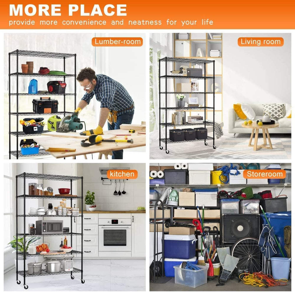 6-Tier Storage Shelves, Heavy Duty Metal Shelving Unit with Wheels | Rust-Res...