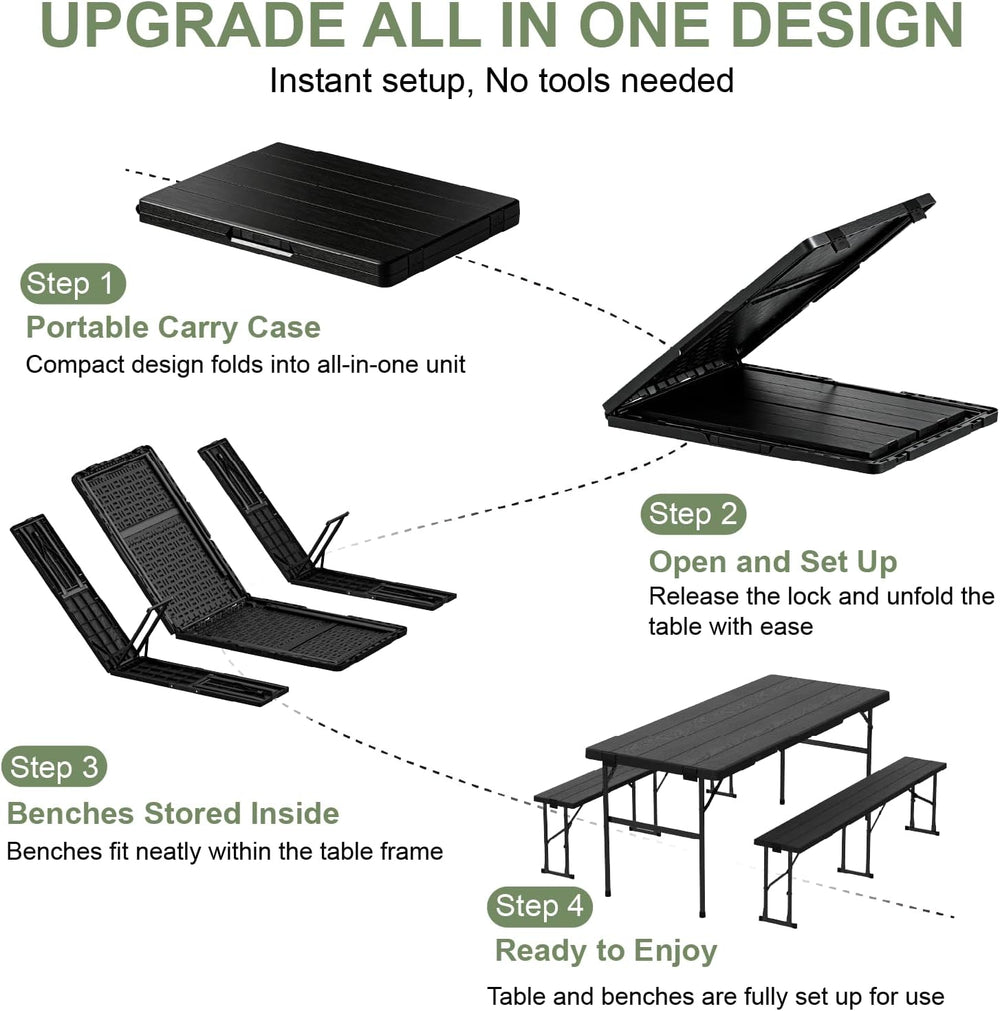 6FT Folding Table with 2 Benches for Picnic, Party, Camping, School, Black