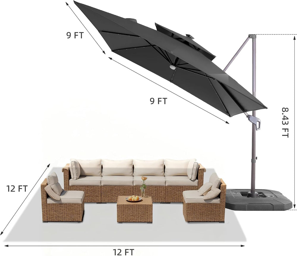 9x9 FT Cantilever Offset Patio Umbrella with Lights & Base