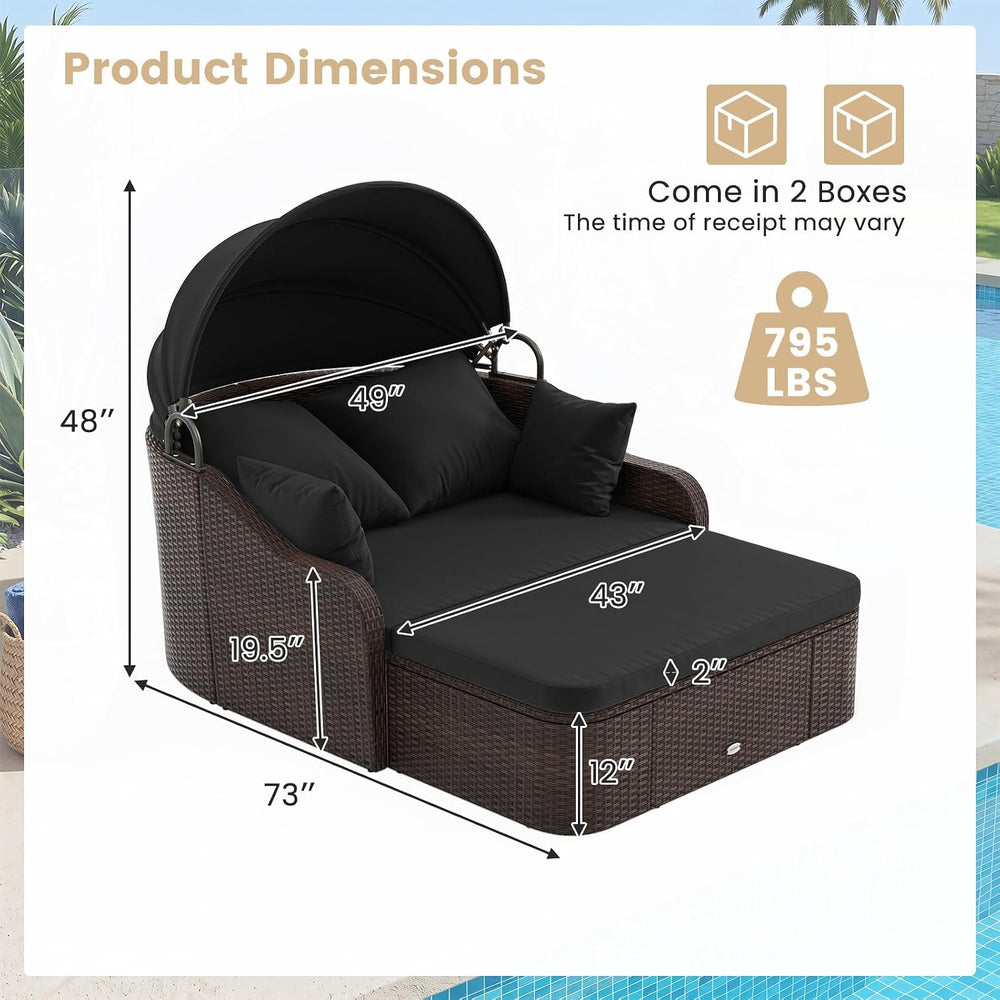 Tangkula PE Rattan Patio Daybed with Retractable Canopy, Double Lounge Bed