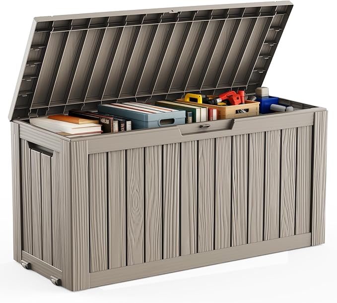 DRATO 75 Gallon Deck Box, Waterproof Resin Large Outdoor Storgae Box for Patio Furniture, Patio Cushions, Gardening Tools, Pool Supplies, Lockable(Gray,75 Gallon)