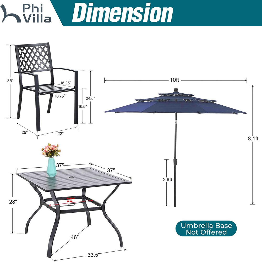 PHI VILLA 4 Pcs Outdoor Dining Set, Square Metal Table&10ft Umbrella