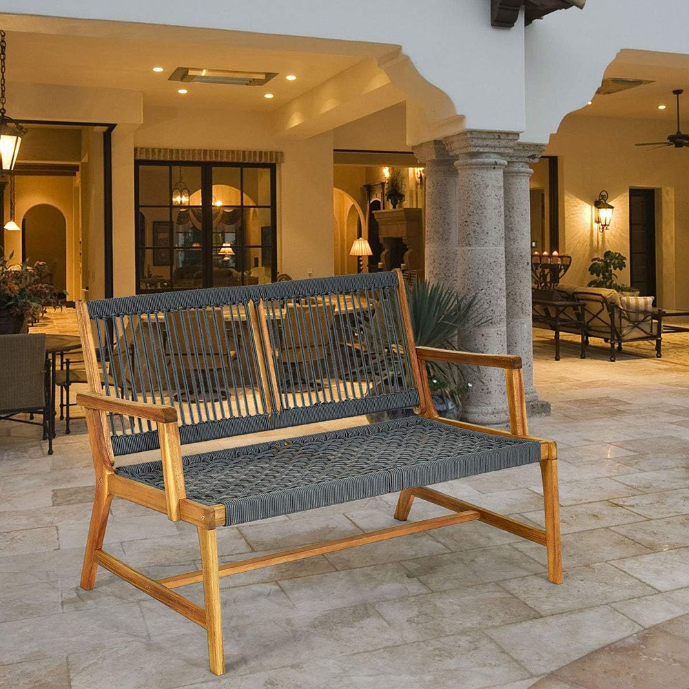 Tangkula 2-Person Patio Acacia Wood Bench Loveseat, Outdoor Patio Rope Bench ...
