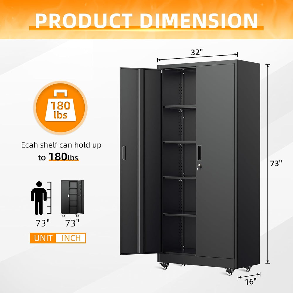 Garage Cabinets with Wheels, 73" H Metal Locking Cabinet with 2 Doors an...