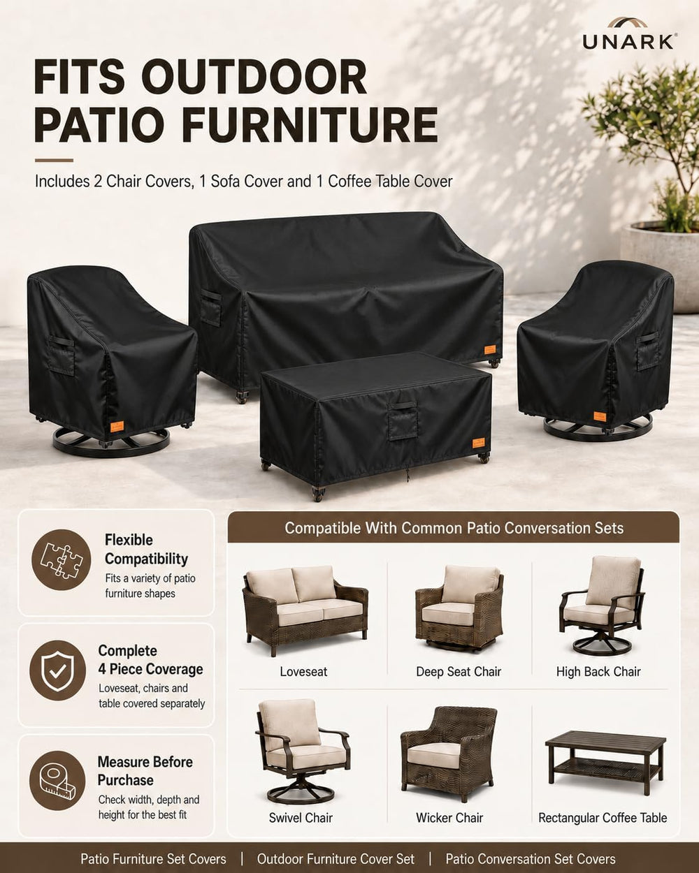 Patio Furniture Set Covers Waterproof Outdoor, 4-Piece Set, 600D Heavy Duty