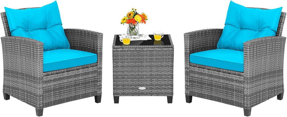 Tangkula 3 Pieces Patio Furniture Set, Outdoor PE Rattan Conversation Chair S...