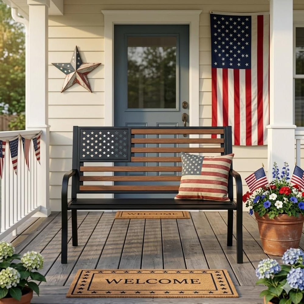 45.7 Inch American Flag Outdoor Bench - Patriotic Stars and Stripes Garden Be...