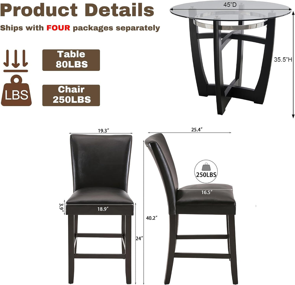 PADMA HOUSE Glass Pub Dining Set for 4, 45" Round Table + 4 Black PU Stools
