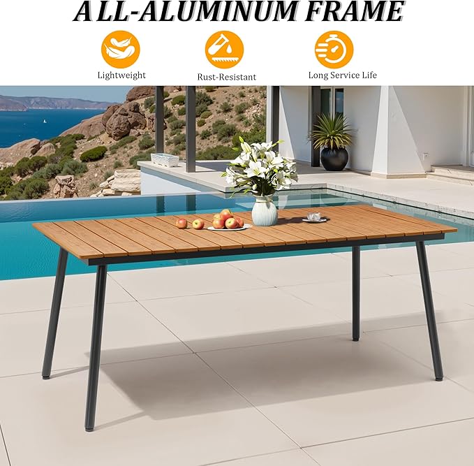 70" Patio Outdoor Dining Table for 4-6, Weather-Resistant Wood-Grain Top...