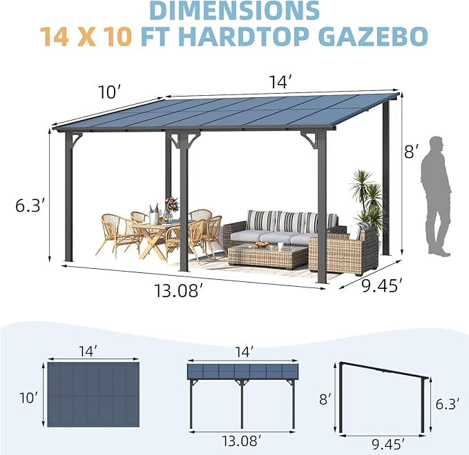 AECOJOY 14' x 10' Gazebo for Patio, Hard Top Lean to Gazebo Pergola w...