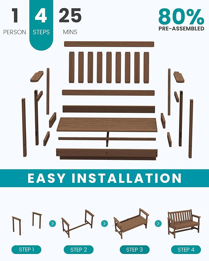 SERWALL Outdoor Bench, HDPE Outdoor Benches Weatherproof, 2-Person Garden Ben...