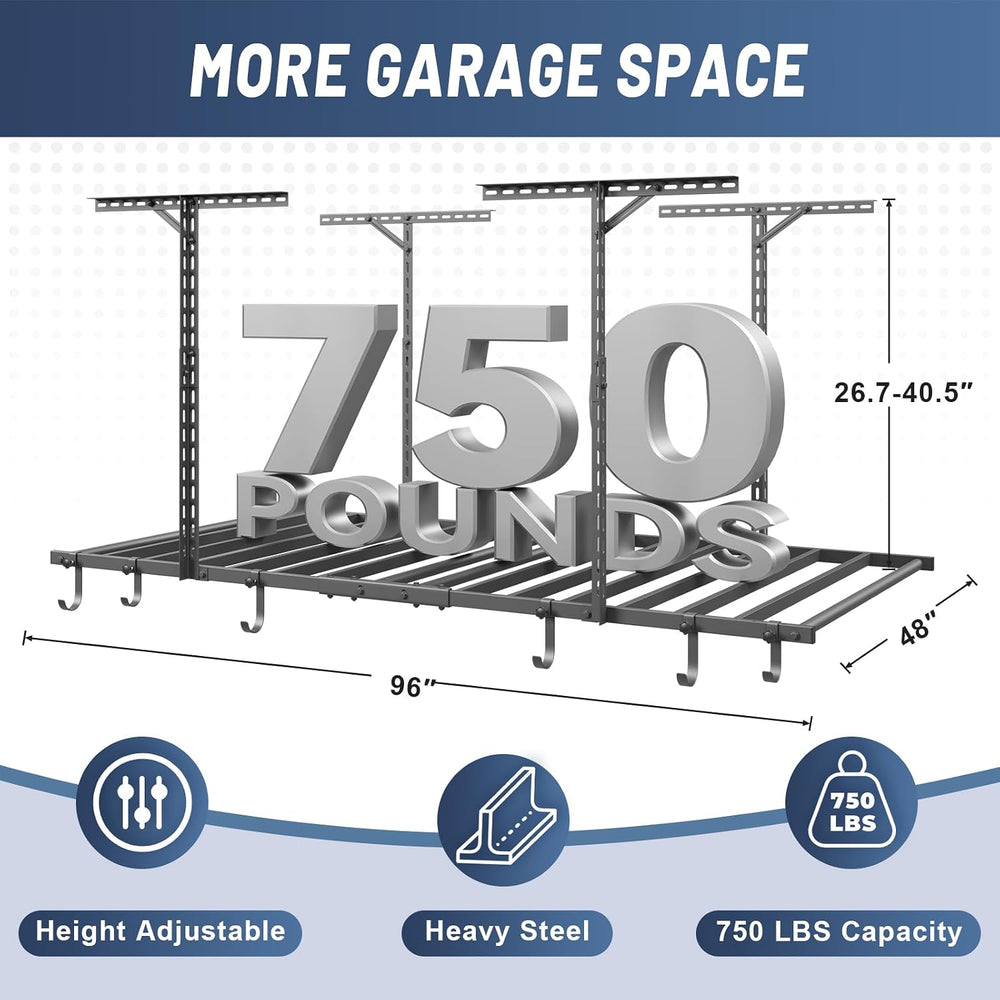 Jusgym 4x8FT Overhead Garage Ceiling Storage Rack with 6 Hooks