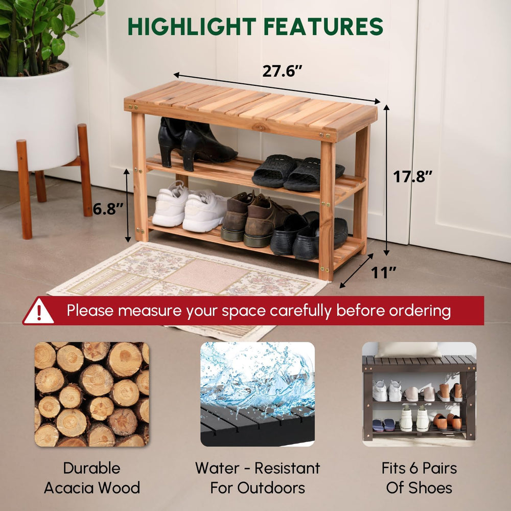 BEEFURNI Acacia Wooden Shoe Rack Bench for Entryway, 3-Tier, Natural