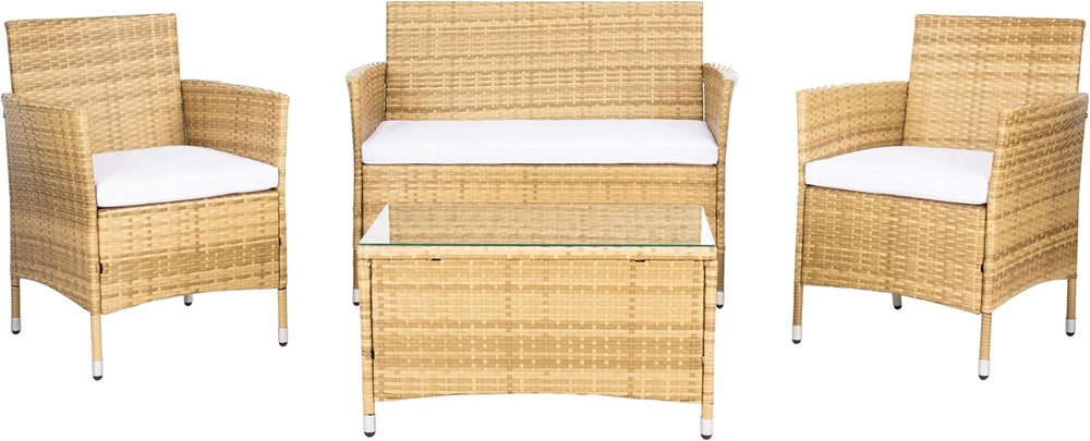 SAFAVIEH Outdoor Collection Bandele Natural/White Cushion 4-Piece Conversatio...
