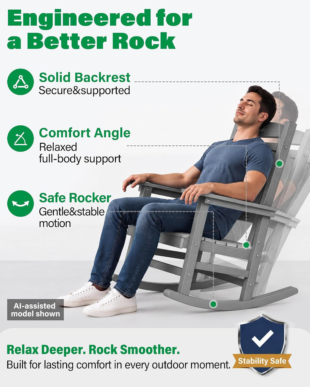 YEFU Outdoor Rocking Chairs Set of 2, HIPS Rocking Chair, Grey